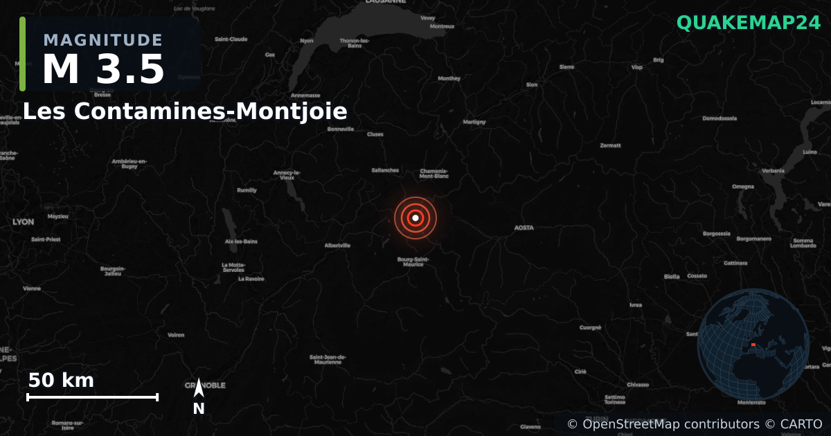 M3.5 earthquake near Les Contamines-Montjoie on Jan 12, 2026 — map of epicenter and shaking intensity | QuakeMap24