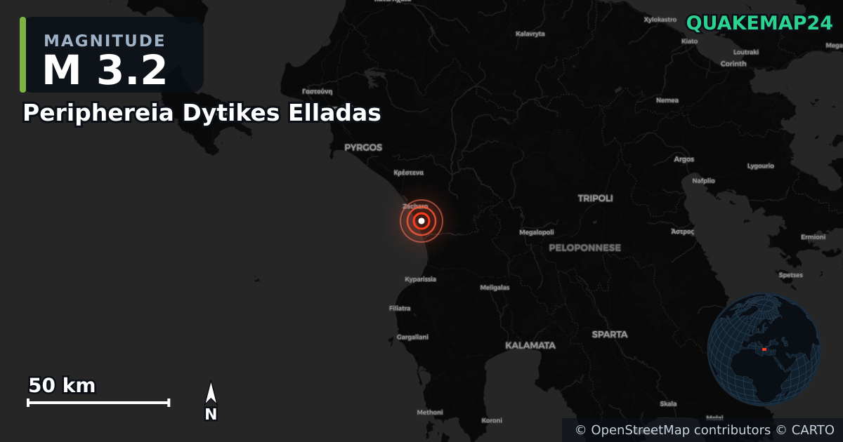 M3.2 earthquake near Periphereia Dytikes Elladas on Dec 16, 2025 — map of epicenter and shaking intensity | QuakeMap24