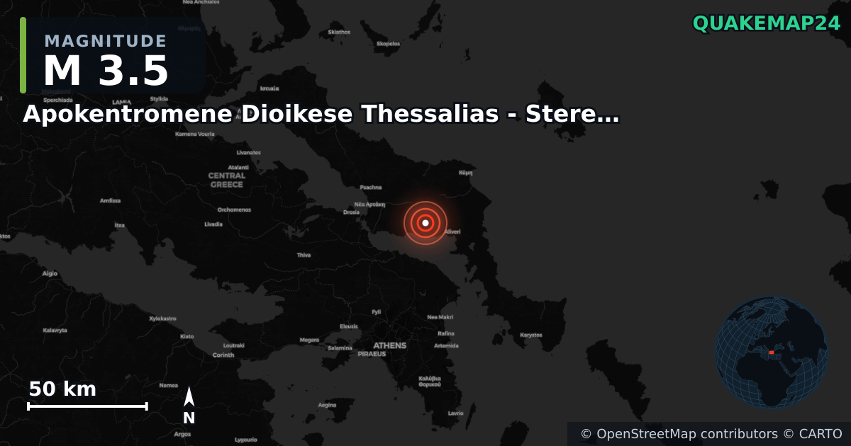 M3.5 earthquake near Apokentromene Dioikese Thessalias - Stereas Ellados on Aug 9, 2025 — map of epicenter and shaking intensity | QuakeMap24