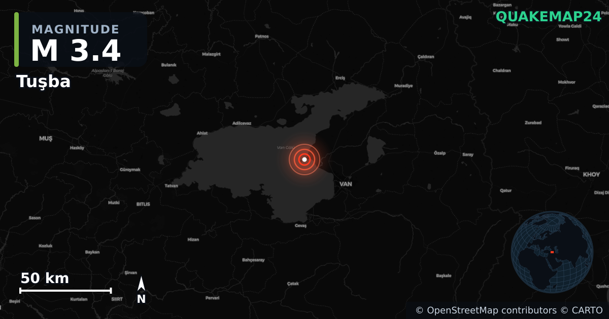 M3.4 earthquake near Tuşba on Oct 16, 2025 — map of epicenter and shaking intensity | QuakeMap24