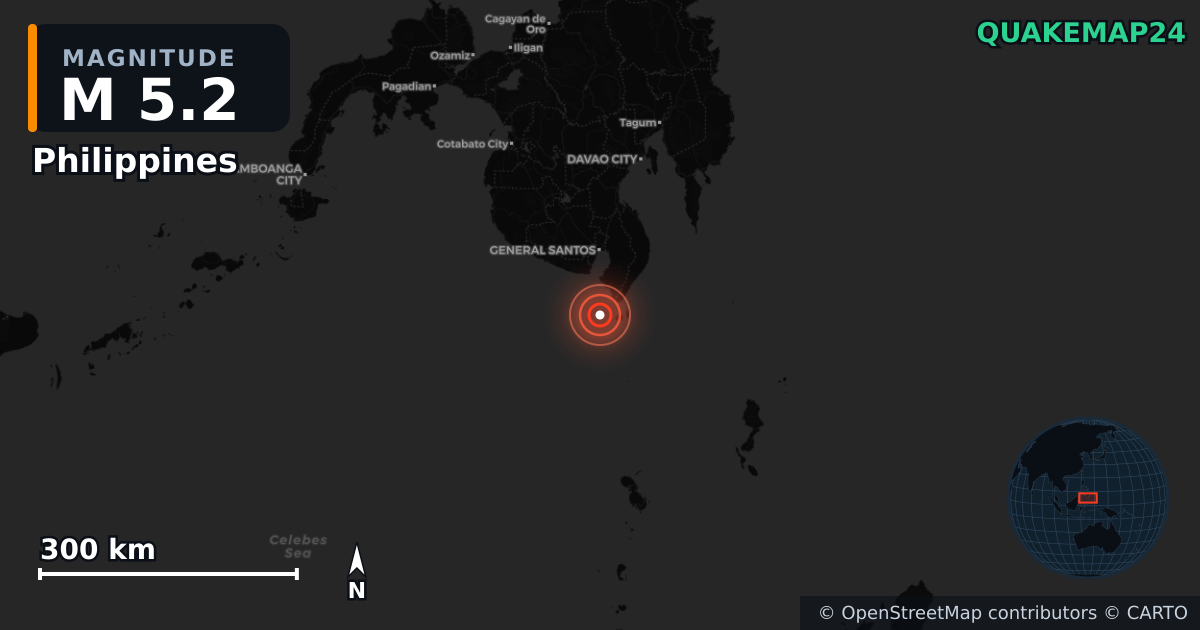 M5.2 earthquake near Philippines on Jul 4, 2026 — map of epicenter and shaking intensity | QuakeMap24