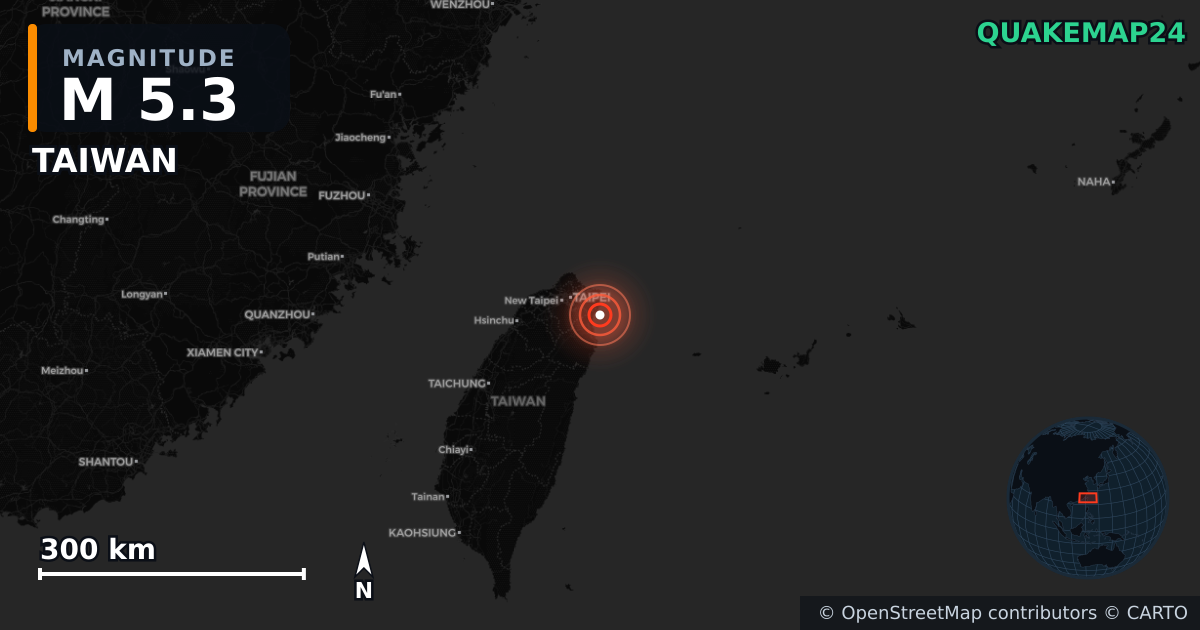 M5.3 earthquake near TAIWAN on Aug 27, 2025 — map of epicenter and shaking intensity | QuakeMap24
