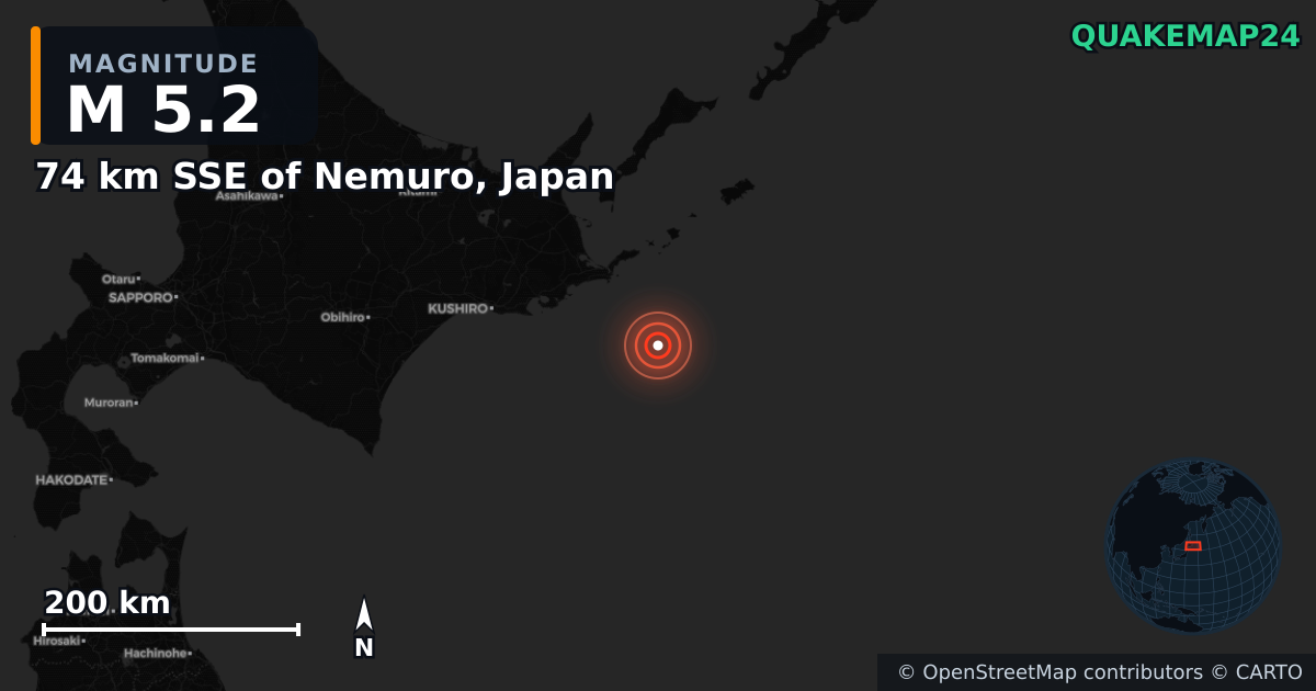 M5.2 earthquake near 74 km SSE of Nemuro, Japan on Dec 20, 2025 — map of epicenter and shaking intensity | QuakeMap24