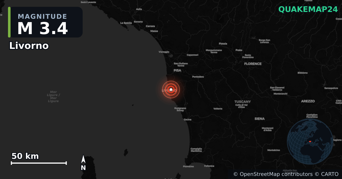M3.4 earthquake near Livorno on Aug 4, 2026 — map of epicenter and shaking intensity | QuakeMap24