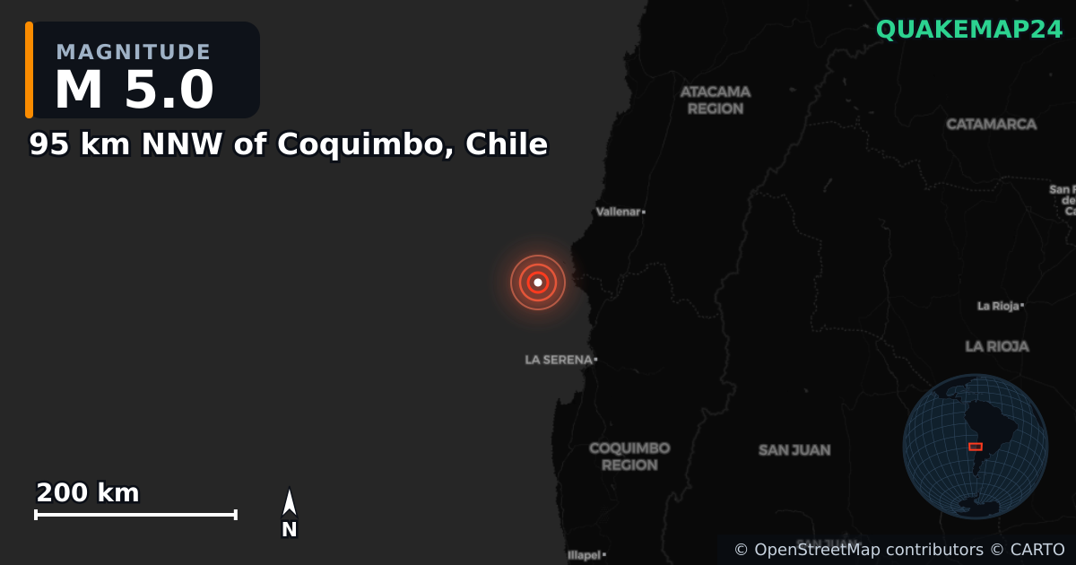 Sismo de M5,0 perto de 95 km NNW of Coquimbo, Chile · 2026-10-14 — Mapa da localização do epicentro