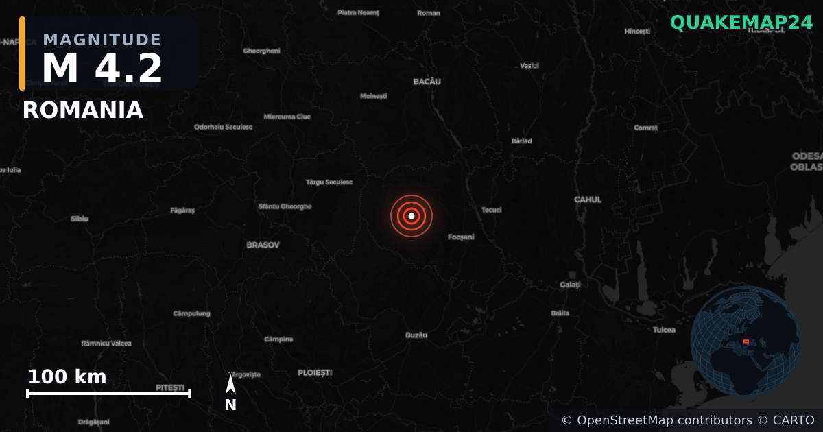 M4.2 earthquake near ROMANIA on Oct 22, 2025 — map of epicenter and shaking intensity | QuakeMap24