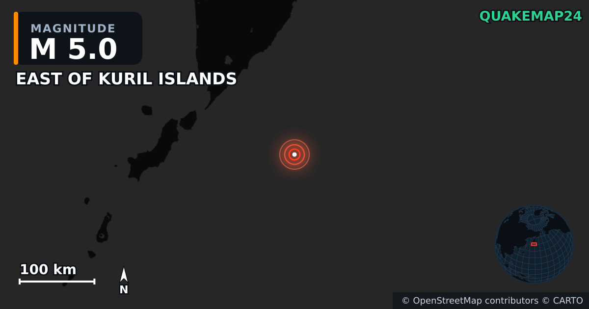 M5.0 earthquake near EAST OF KURIL ISLANDS on Aug 3, 2025 — map of epicenter and shaking intensity | QuakeMap24