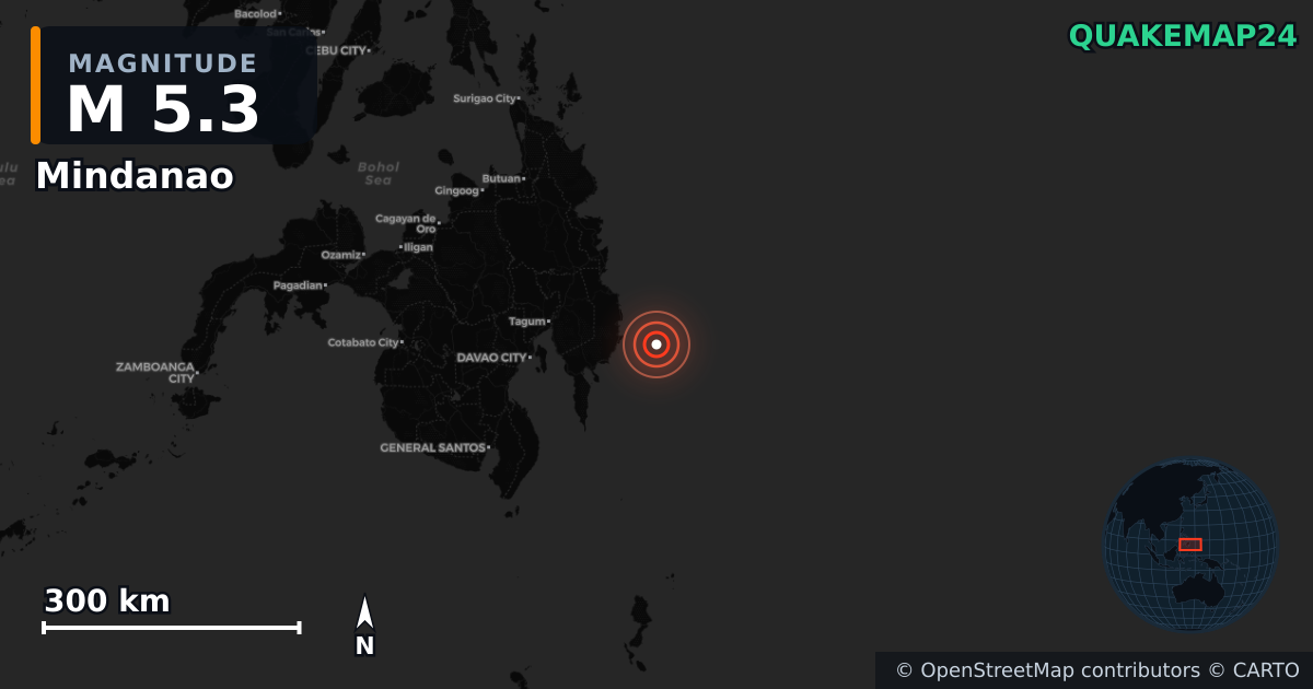 M5.3 earthquake near Mindanao on Oct 10, 2025 — map of epicenter and shaking intensity | QuakeMap24
