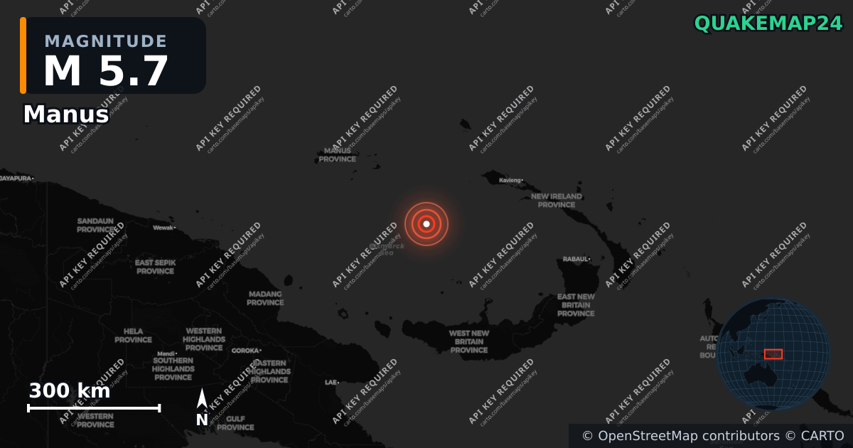M5.7 earthquake near Manus on Apr 30, 2026 — map of epicenter and shaking intensity | QuakeMap24