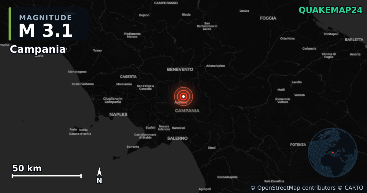 M3.1 earthquake near Campania on Oct 25, 2025 — map of epicenter and shaking intensity | QuakeMap24