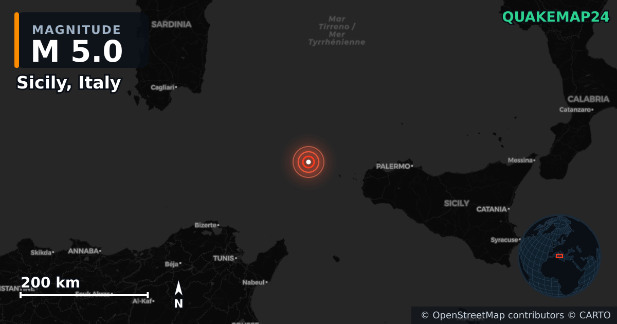 Sicily, Italy yakınında M5,0 deprem — Deprem merkez üssünün konumunu gösteren harita