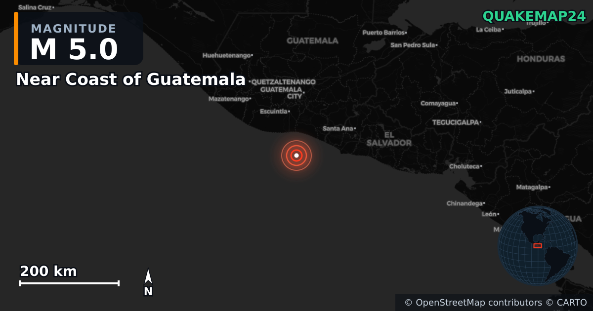 Erdbeben M5,0 bei Near Coast of Guatemala — Karte der Lage des Epizentrums