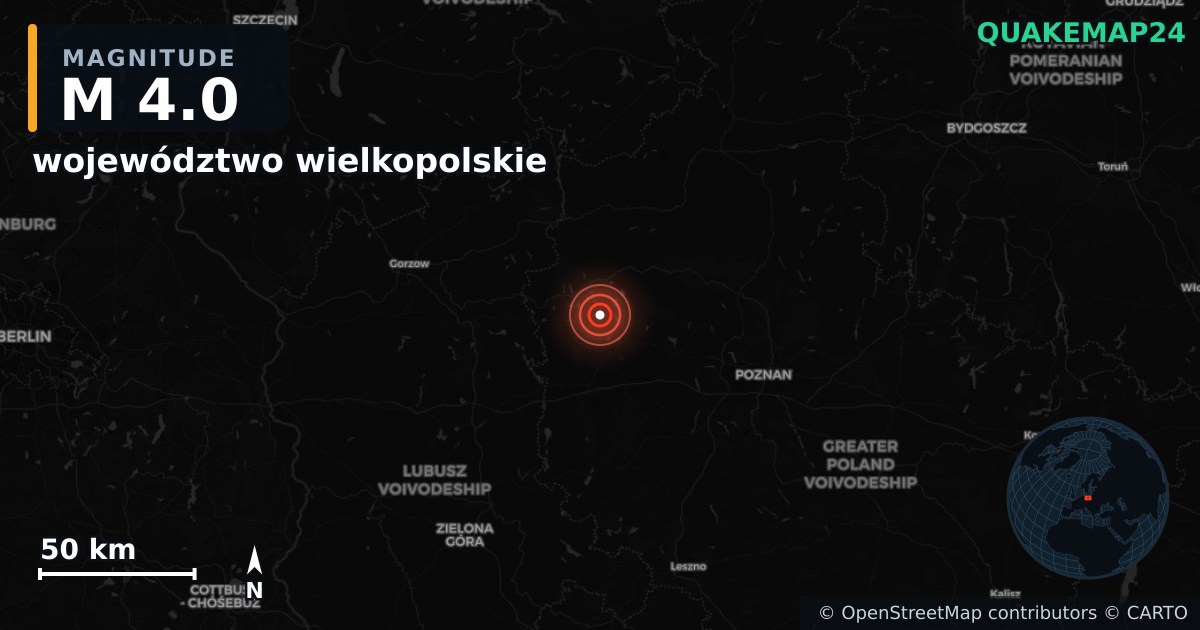 M4.0 earthquake near województwo wielkopolskie on Jul 29, 2025 — map of epicenter and shaking intensity | QuakeMap24