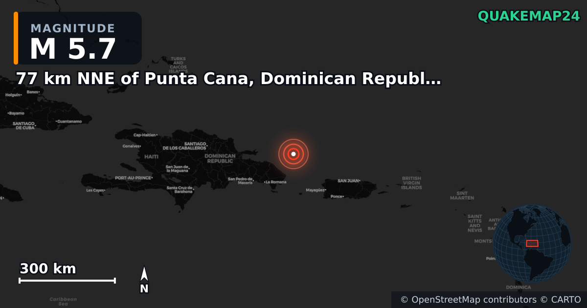 M5.7 earthquake near 77 km NNE of Punta Cana, Dominican Republic on Jun 24, 2025 — map of epicenter and shaking intensity | QuakeMap24