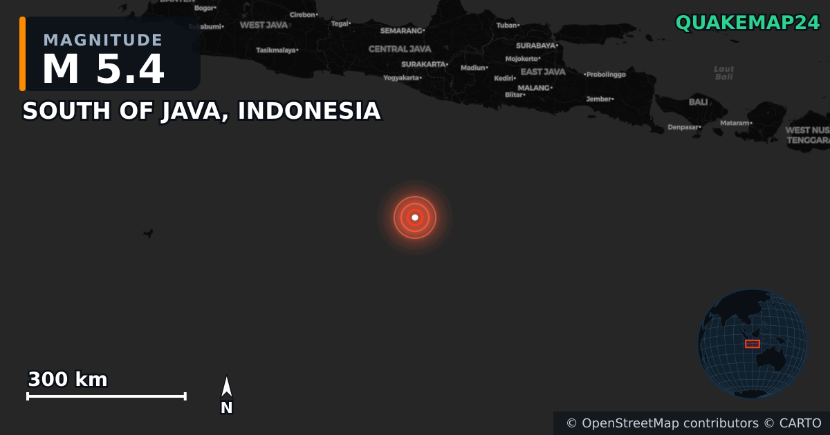 M5.4 Earthquake near SOUTH OF JAVA, INDONESIA · 2025-05-27 — Map showing the location of the epicenter