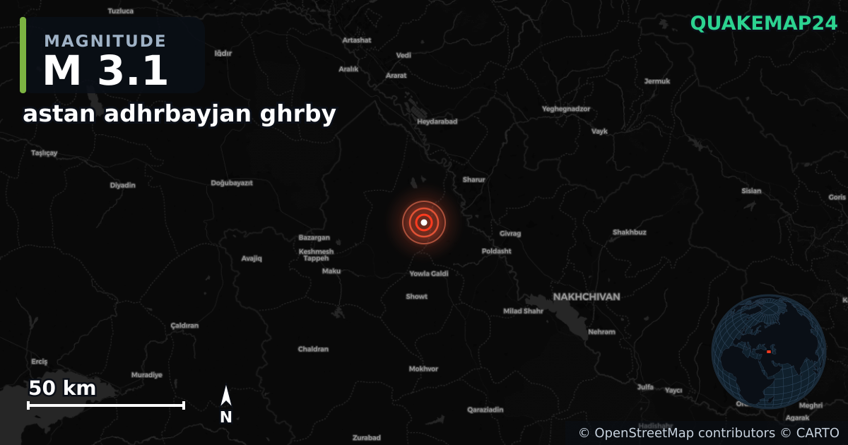 M3.1 earthquake near astan adhrbayjan ghrby on Jul 8, 2025 — map of epicenter and shaking intensity | QuakeMap24