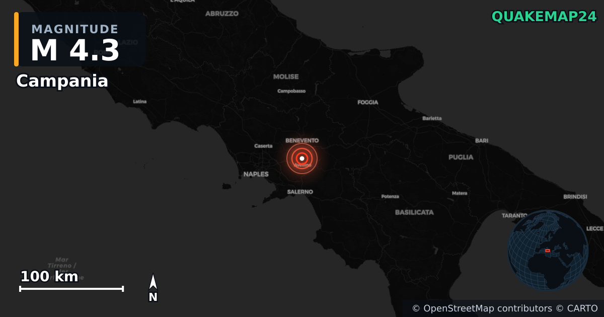M4.3 earthquake near Campania on Oct 25, 2025 — map of epicenter and shaking intensity | QuakeMap24