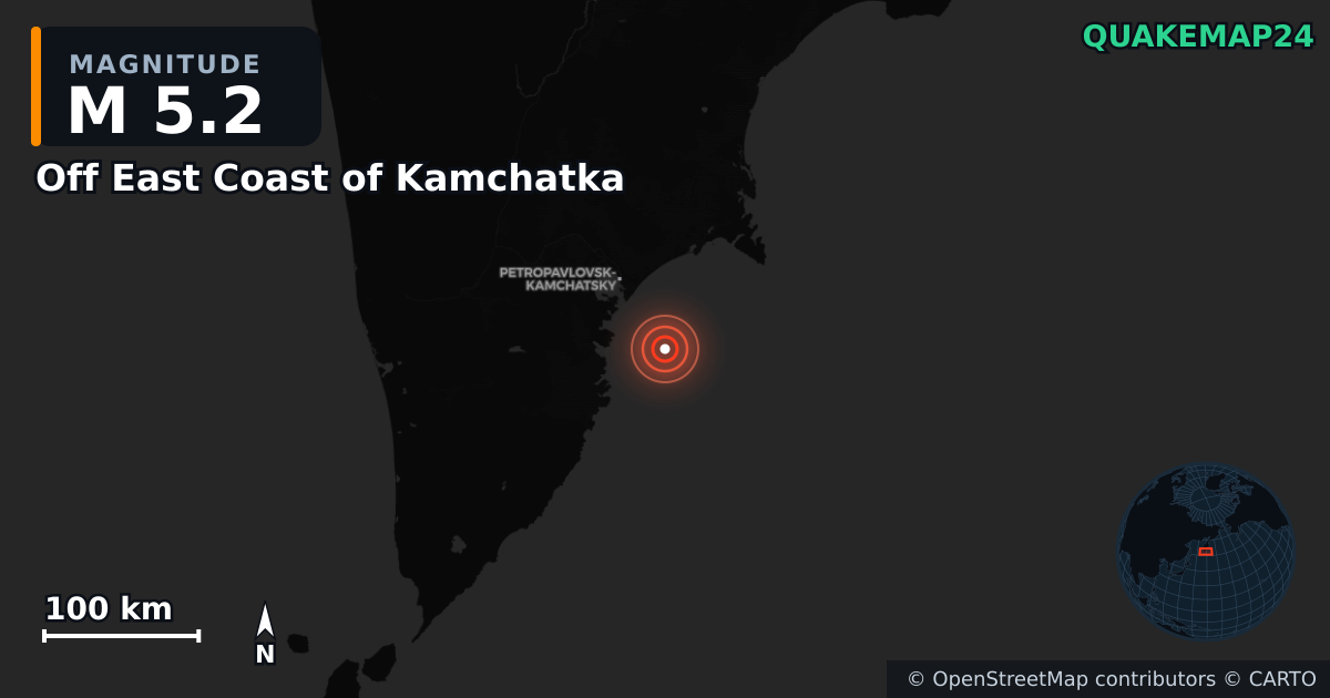 Terremoto de M5,2 cerca de Off East Coast of Kamchatka — Mapa de la ubicación del epicentro