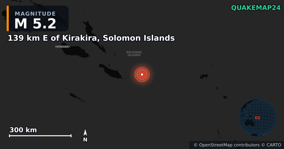 Erdbeben M5,2 bei 139 km E of Kirakira, Solomon Islands — Karte der Lage des Epizentrums