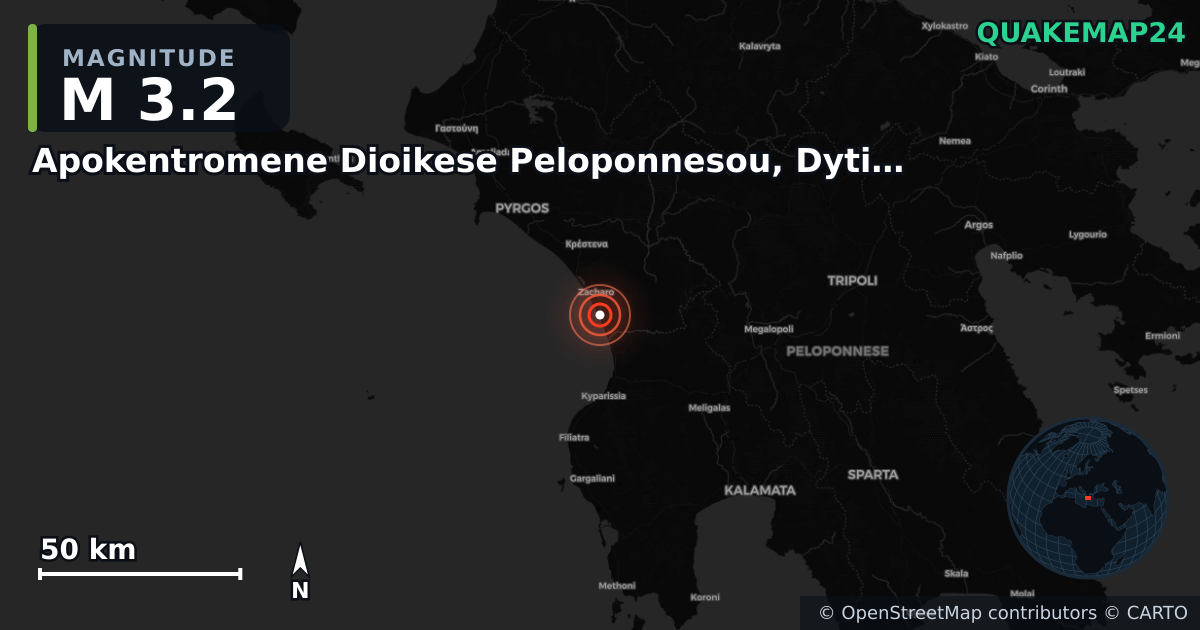 M3.2 earthquake near Apokentromene Dioikese Peloponnesou, Dytikes Elladas kai Ioniou on Jun 4, 2025 — map of epicenter and shaking intensity | QuakeMap24