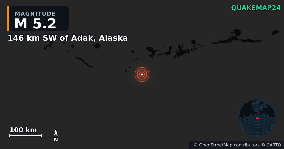 M5.2 earthquake near 146 km SW of Adak, Alaska on Apr 16, 2025 — map of epicenter and shaking intensity | QuakeMap24