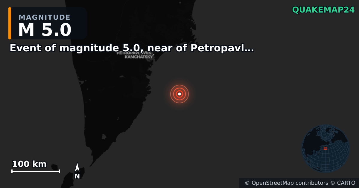 M5.0 earthquake near Event of magnitude 5.0, near of Petropavlovsk Kamchatskiy (Monde) on Aug 30, 2025 — map of epicenter and shaking intensity | QuakeMap24