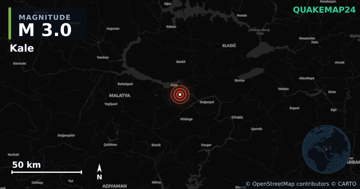M3.0 earthquake near Kale on Jan 28, 2026 — map of epicenter and shaking intensity | QuakeMap24
