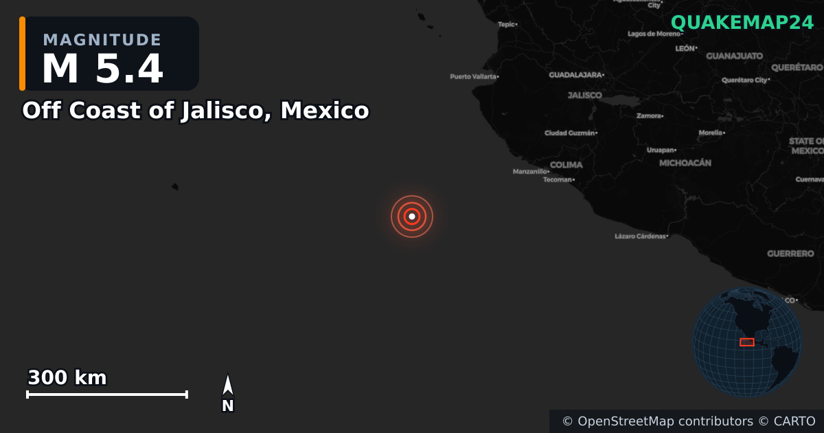Off Coast of Jalisco, Mexico yakınında M5,4 deprem · 2025-05-13 — Deprem merkez üssünün konumunu gösteren harita