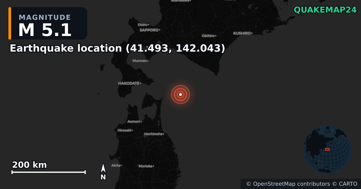M5.1 earthquake near Deprem konumu (41.493, 142.043) on Jan 20, 2026 — map of epicenter and shaking intensity | QuakeMap24
