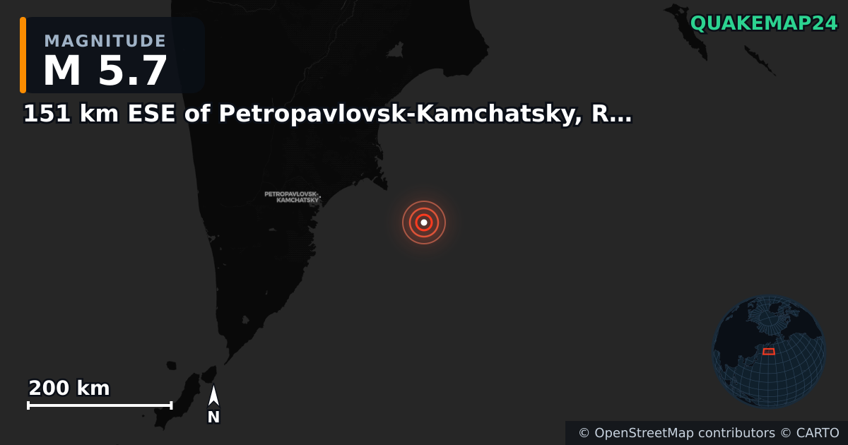 M5.7 earthquake near 151 km ESE of Petropavlovsk-Kamchatsky, Russia on Jul 31, 2025 — map of epicenter and shaking intensity | QuakeMap24