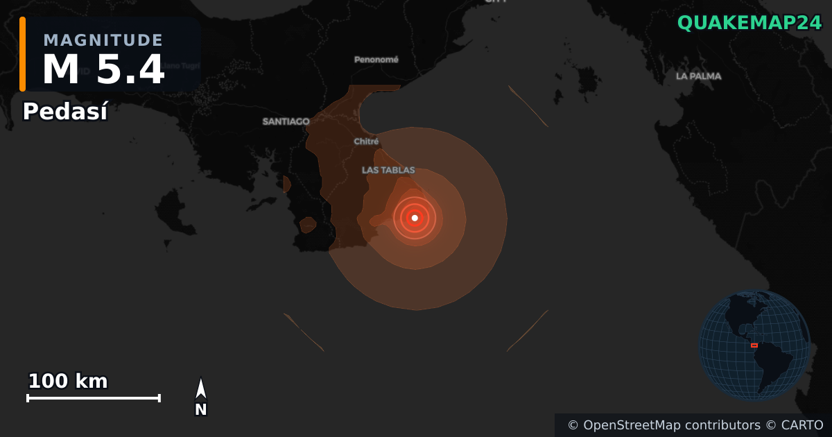 Sismo de M5,4 perto de Pedasí, Los Santos (Panamá) · 2026-10-09 — Mapa da localização do epicentro