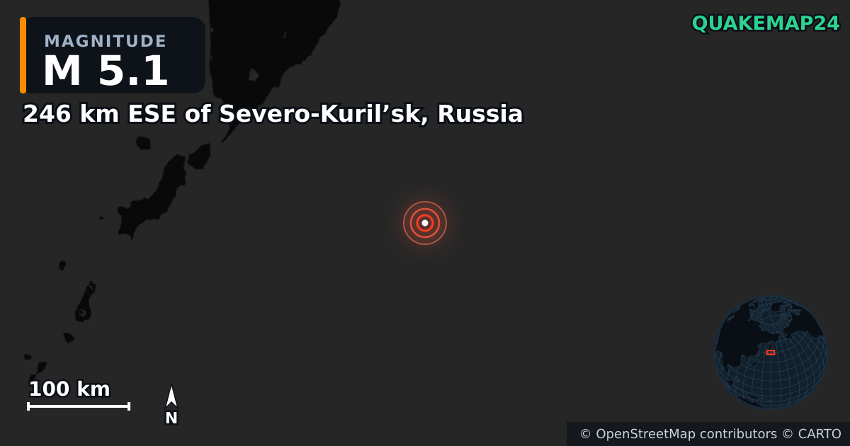 M5.1 earthquake near 246 km ESE of Severo-Kuril’sk, Russia on Aug 7, 2025 — map of epicenter and shaking intensity | QuakeMap24
