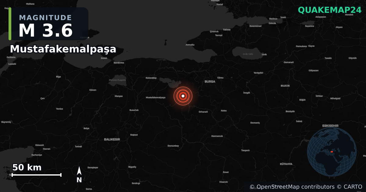 M3.6 earthquake near Mustafakemalpaşa on Feb 14, 2026 — map of epicenter and shaking intensity | QuakeMap24