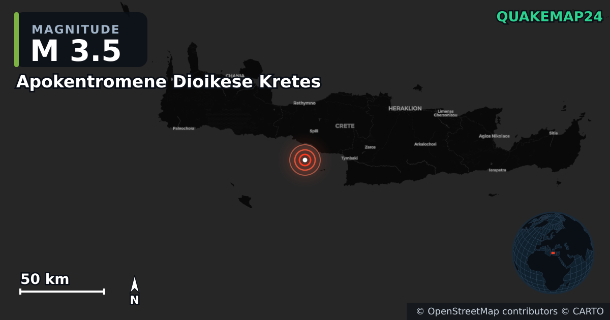 M3.5 earthquake near Apokentromene Dioikese Kretes on Oct 29, 2025 — map of epicenter and shaking intensity | QuakeMap24