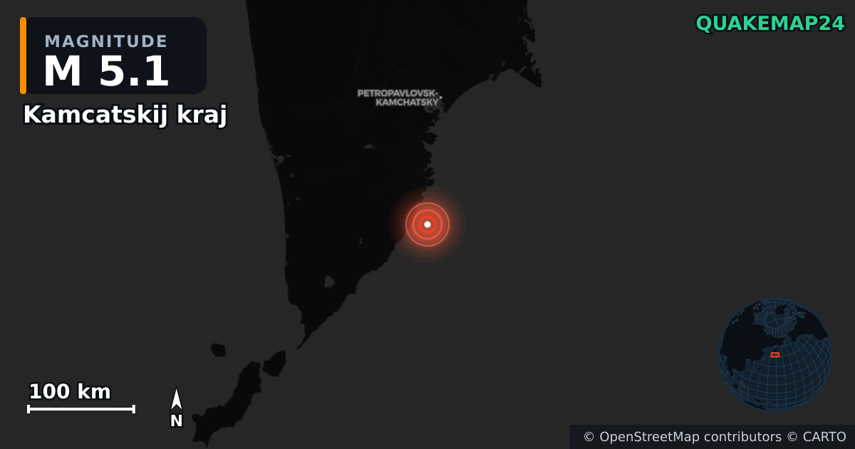 M5.1 earthquake near Kamcatskij kraj on Sep 22, 2025 — map of epicenter and shaking intensity | QuakeMap24