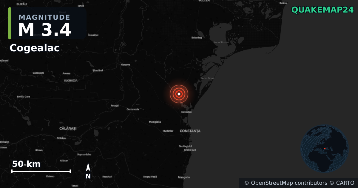 M3.4 earthquake near Cogealac on Jun 22, 2026 — map of epicenter and shaking intensity | QuakeMap24