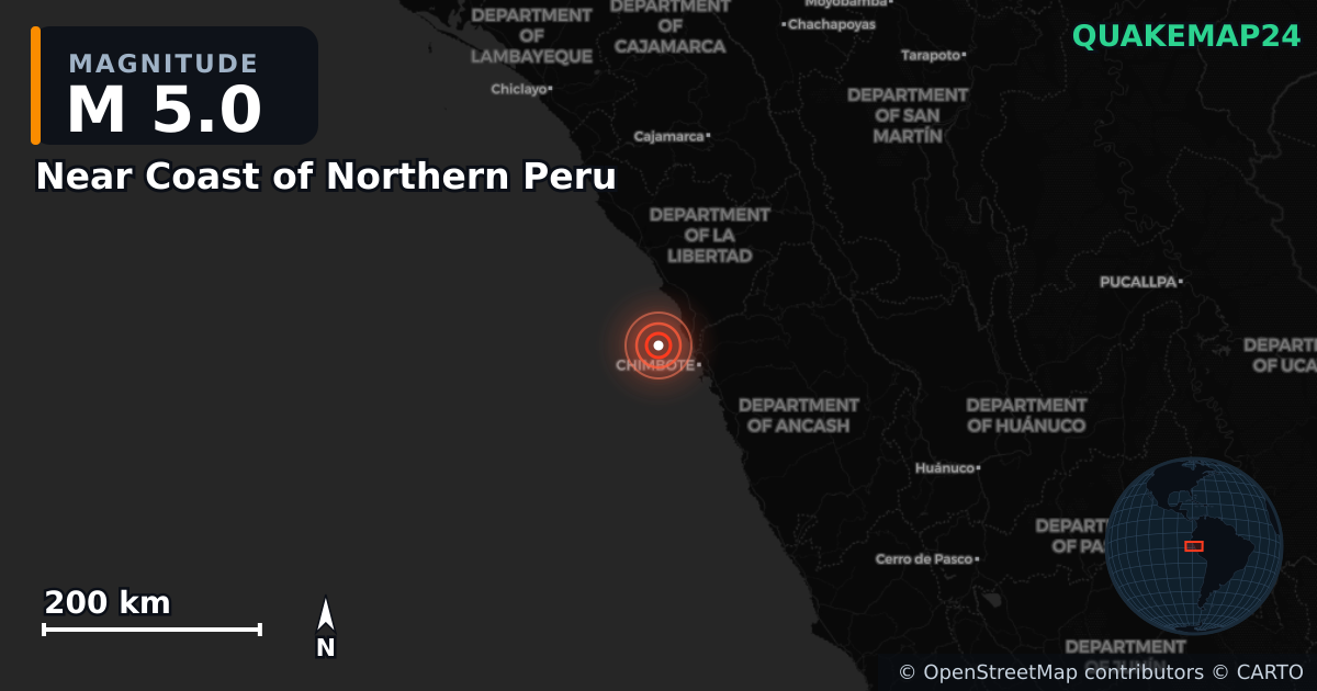 M5.0 earthquake near Near Coast of Northern Peru on Dec 28, 2025 — map of epicenter and shaking intensity | QuakeMap24