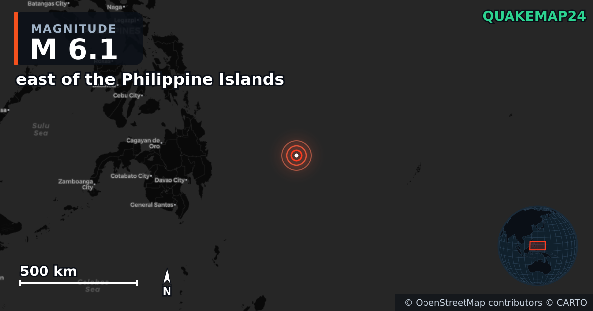 M6.1 earthquake near east of the Philippine Islands on Jun 24, 2025 — map of epicenter and shaking intensity | QuakeMap24