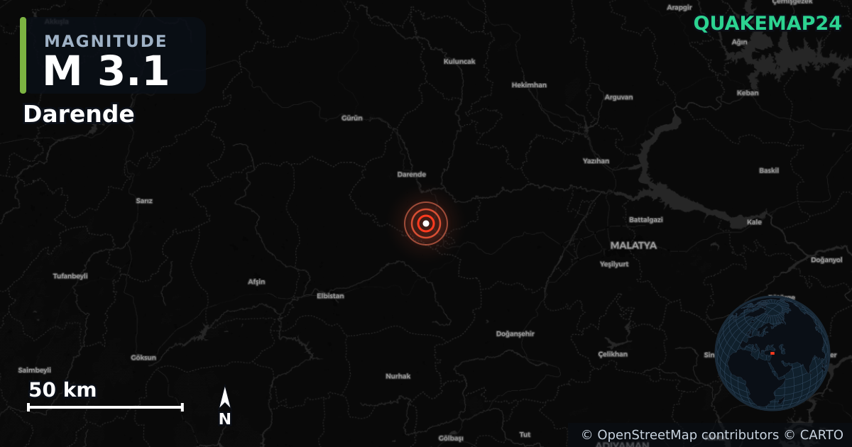 M3.1 earthquake near Darende on Aug 8, 2025 — map of epicenter and shaking intensity | QuakeMap24