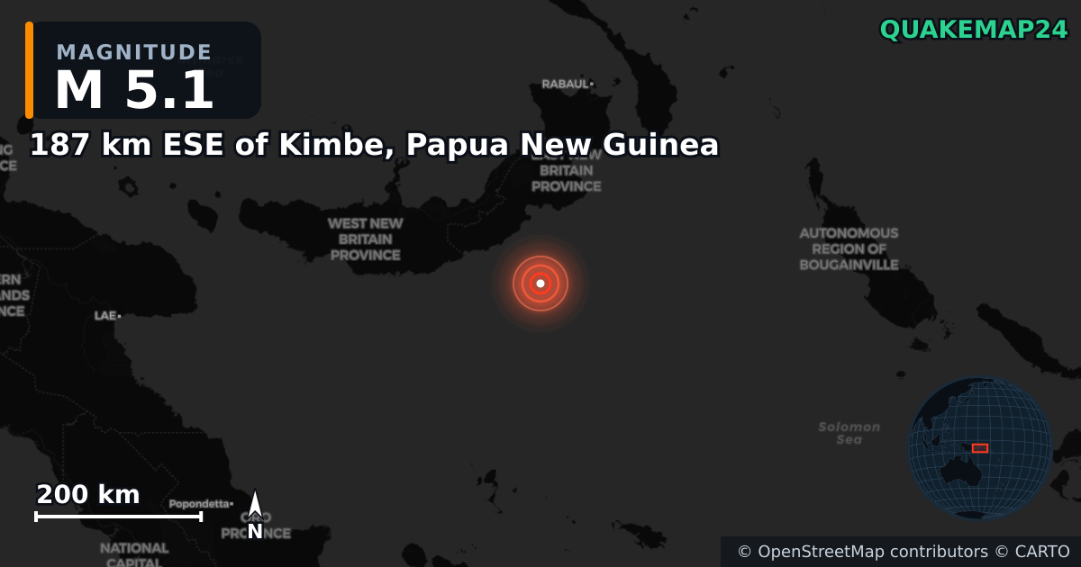 M5.1 earthquake near 187 km ESE of Kimbe, Papua New Guinea on Apr 4, 2025 — map of epicenter and shaking intensity | QuakeMap24