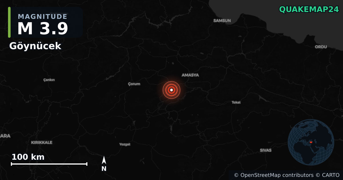 M3.9 earthquake near Göynücek on Aug 13, 2026 — map of epicenter and shaking intensity | QuakeMap24