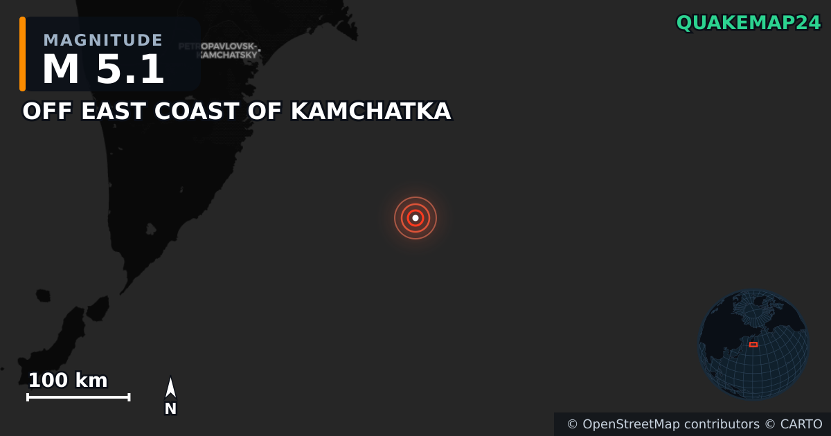 M5.1 earthquake near OFF EAST COAST OF KAMCHATKA on Aug 6, 2025 — map of epicenter and shaking intensity | QuakeMap24