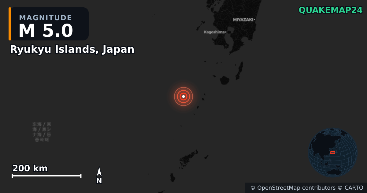 Ryukyu Islands, Japan yakınında M5,0 deprem — Deprem merkez üssünün konumunu gösteren harita