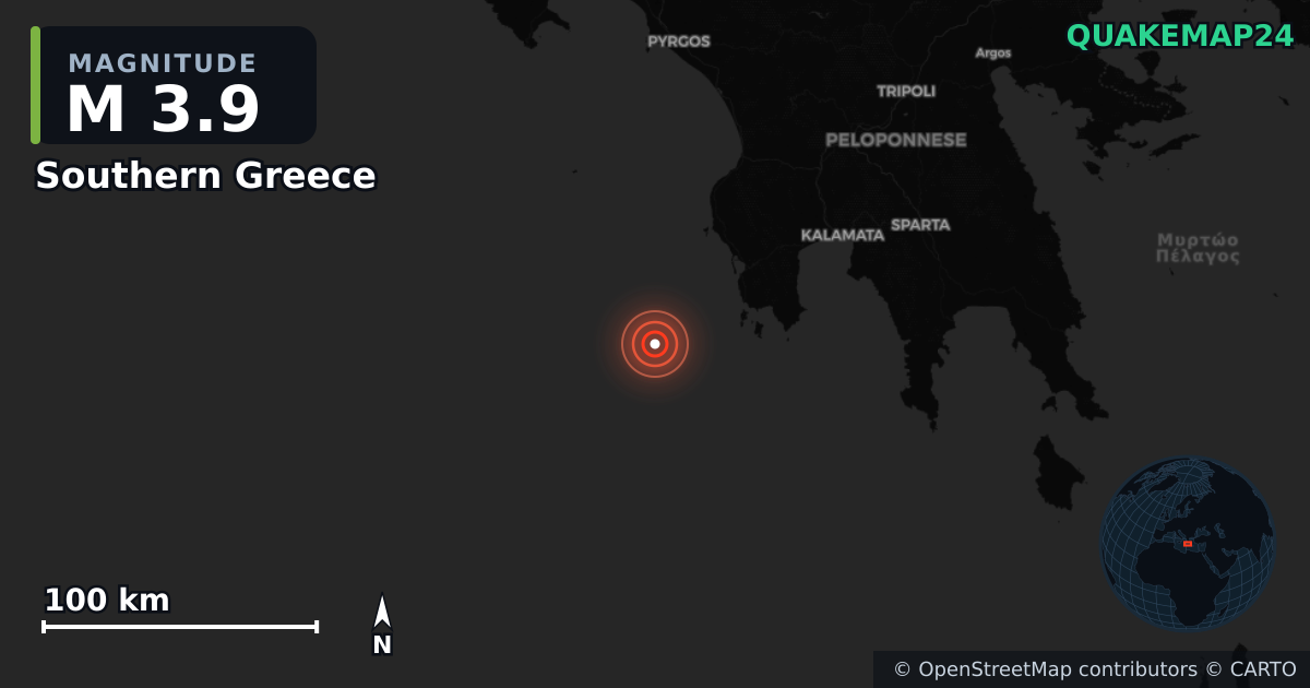 M3.9 earthquake near Southern Greece on May 14, 2026 — map of epicenter and shaking intensity | QuakeMap24