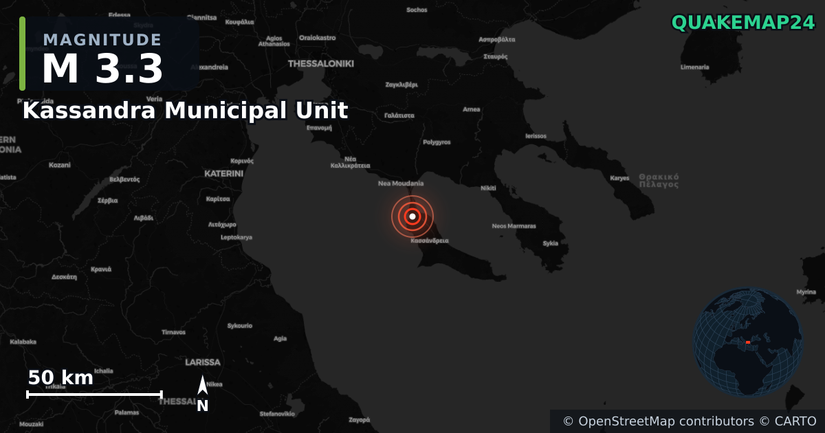 M3.3 Earthquake near Kassandra Municipal Unit, Central Macedonia (Greece) · 2026-09-13 — Map showing the location of the epicenter