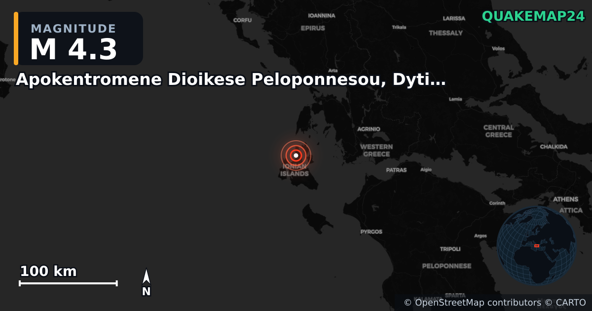 M4.3 earthquake near Apokentromene Dioikese Peloponnesou, Dytikes Elladas kai Ioniou on Sep 17, 2025 — map of epicenter and shaking intensity | QuakeMap24