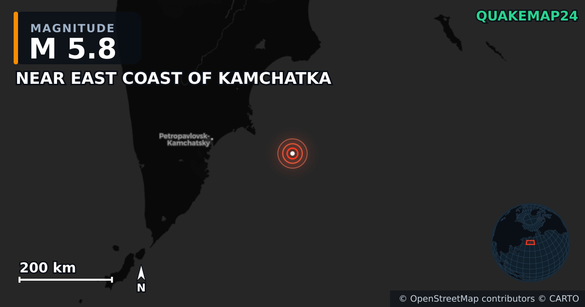 M5.8 earthquake near NEAR EAST COAST OF KAMCHATKA on Jul 24, 2025 — map of epicenter and shaking intensity | QuakeMap24