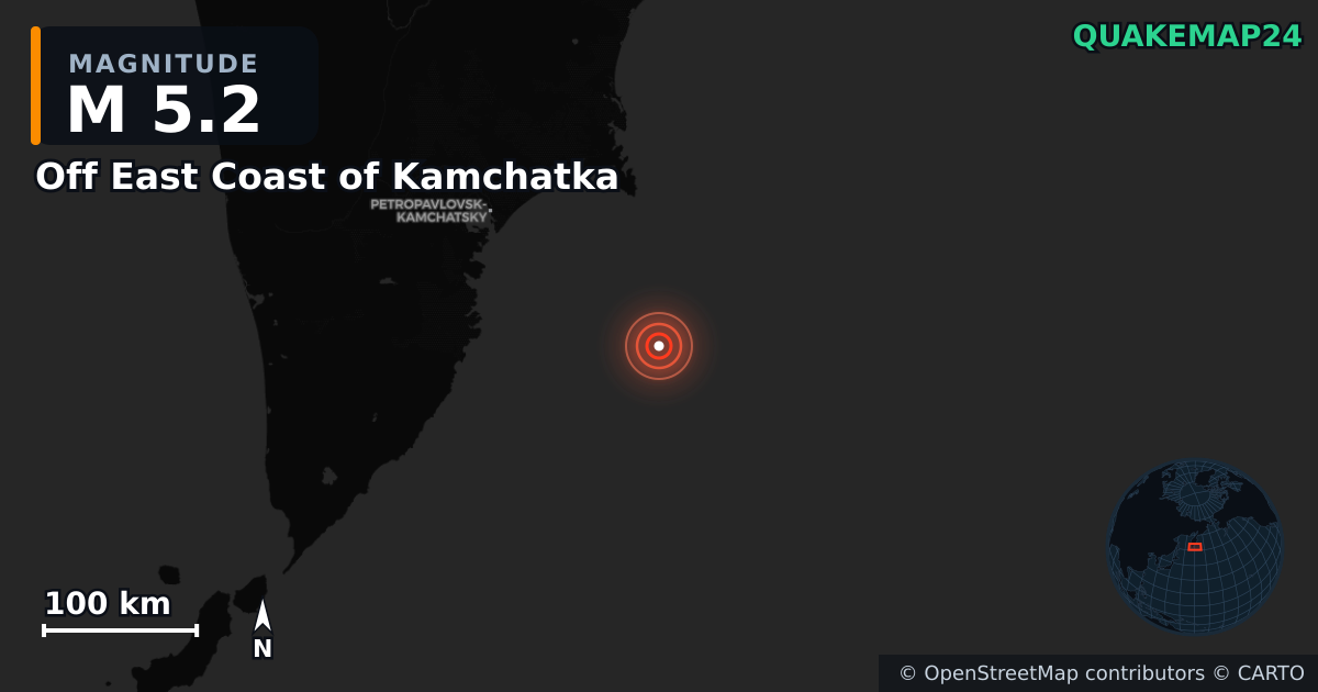M5.2 earthquake near Off East Coast of Kamchatka on Jul 30, 2025 — map of epicenter and shaking intensity | QuakeMap24