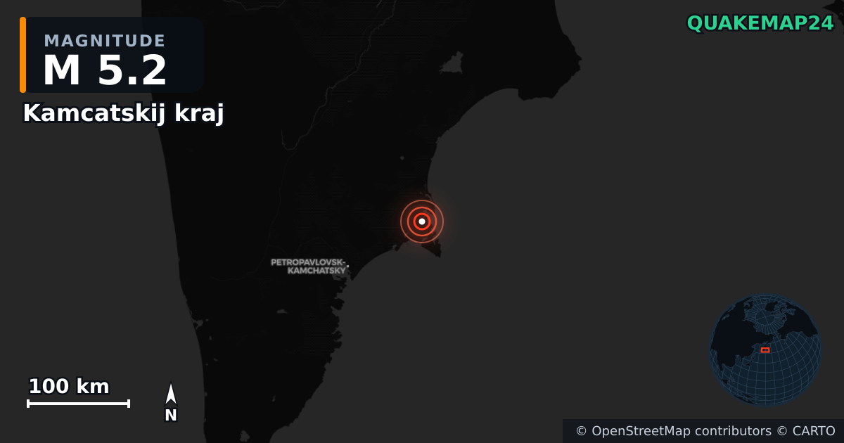 M5.2 earthquake near Kamcatskij kraj on Aug 29, 2025 — map of epicenter and shaking intensity | QuakeMap24