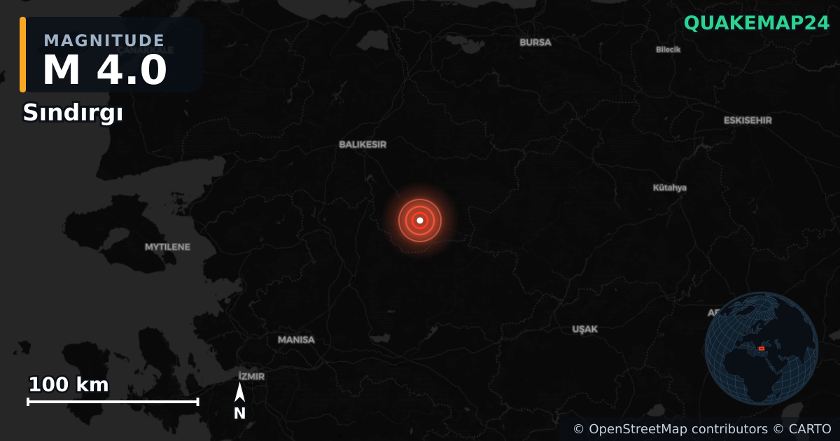 M4.0 earthquake near Sındırgı on Aug 11, 2025 — map of epicenter and shaking intensity | QuakeMap24